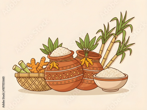 Vector Illustration of Pongal Decorative Earthen Objects