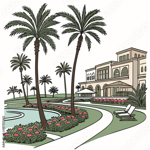 Luxury resort with palm trees and lounge chair oasis