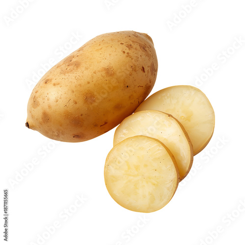 Pile of Golden Potatoes and Some Potato Halves on a White Background Indoors