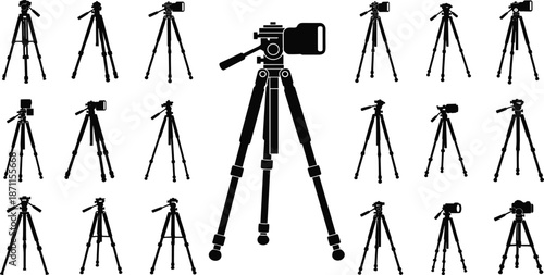 Black tripod and camera silhouette seamless pattern vector illustration of photography equipment, professional studio gear, and video production support design