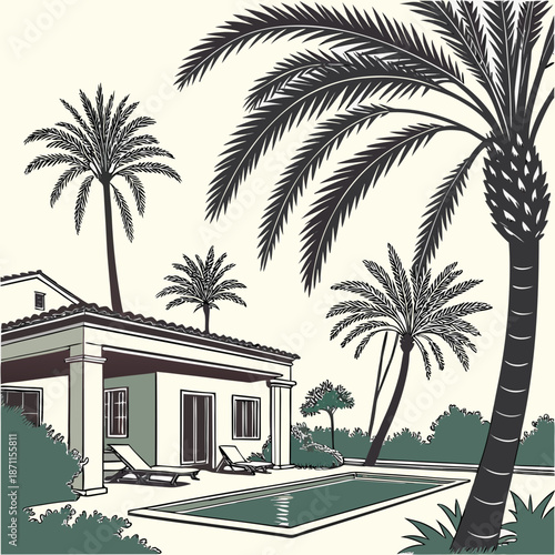 Exclusive oasis retreat with palm shadows and pool