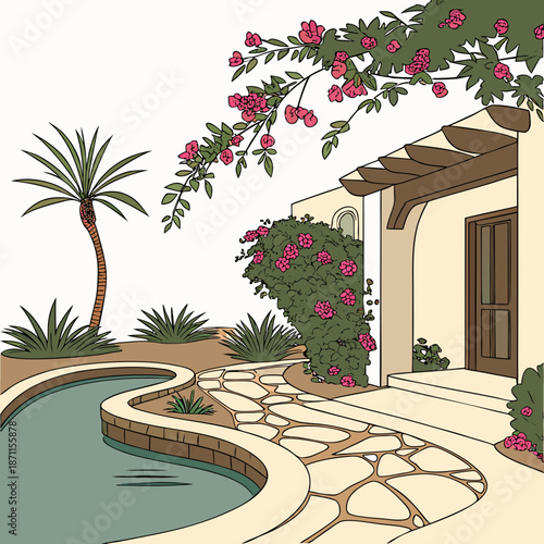 Upscale desert resort garden with pool curve palm tree
