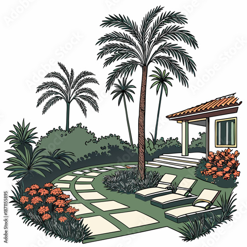 Upscale oasis retreat surrounded by lush palms and tropical garden