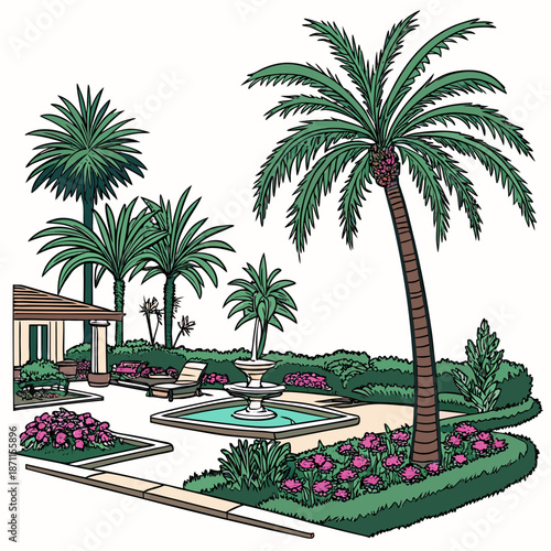 Upscale oasis retreat surrounded by lush palms and vibrant flowers