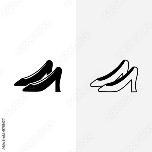 Two pairs of elegant high-heeled shoes, one solid black and one outline, presented as graphic icons for fashion and style.