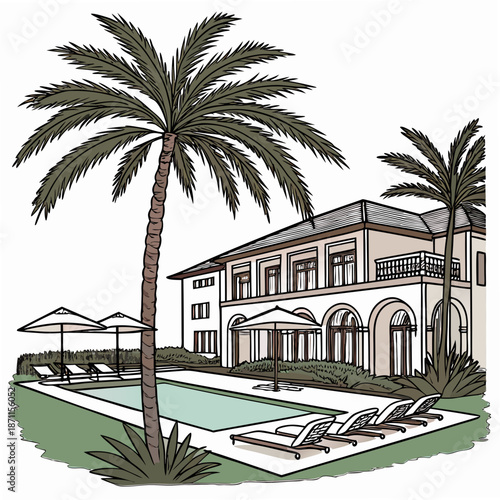 Luxury oasis pool resort with peaceful symmetrical palm trees