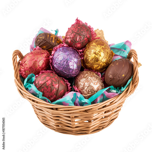 Colorful Easter Basket With Chocolate Eggs and Decorations for Spring Celebra...