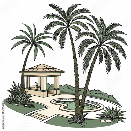 Tropical oasis retreat with gazebo and central pool surrounded by palm trees