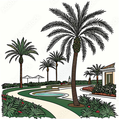 Upscale oasis resort environment with palm shade palm tree