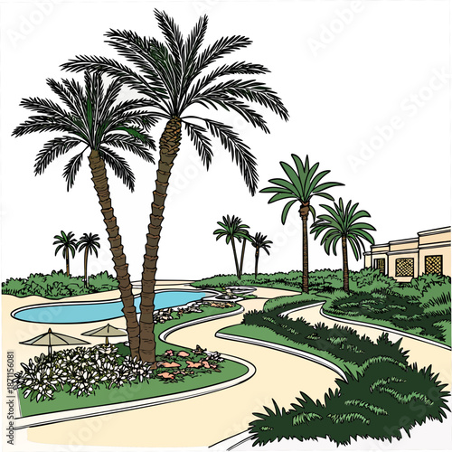 Upscale Oasis Resort Environment with Palm Shade palm trees