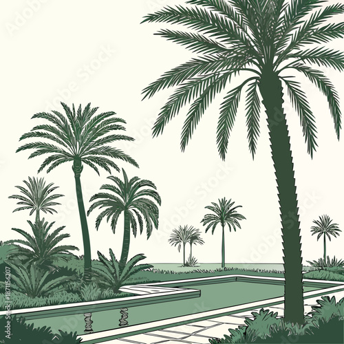 Green palm trees and pool in oasis resort landscape