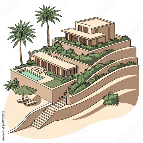 Luxury desert retreat with layered greenery and pool