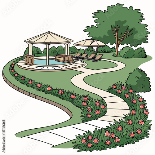 Resort garden with curved walking paths and gazebo
