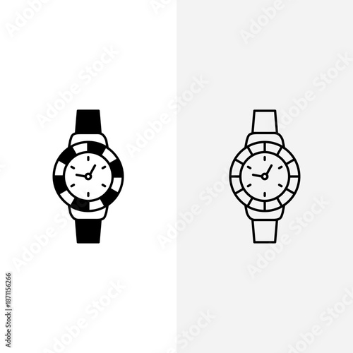 Two minimalist watch icons, one solid black and one outline, depicting a classic wristwatch design.