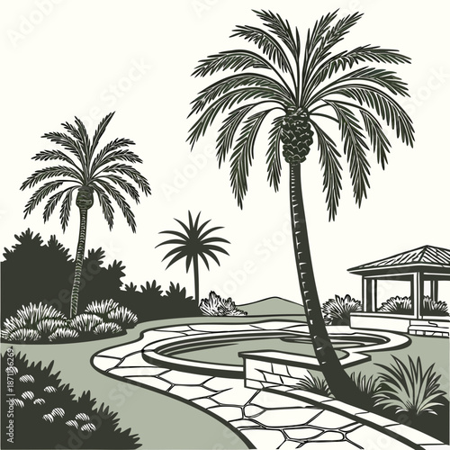 Palm trees and pathway in oasis resort landscape stone path