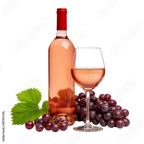 Wine Bottle and Glass With Grapes on a White Background in Simple Setup