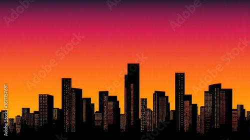 Silhouette of numerous urban buildings set against a brilliant gradient sky at dusk