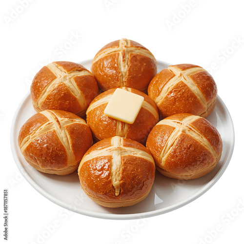 Freshly Baked Hot Cross Buns on a White Plate With a Piece of Butter on Top
