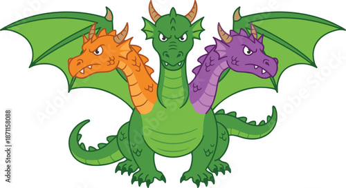 Cartoon vector illustration of a three-headed dragon or hydra featuring green, orange, and purple heads with wings, isolated on a white background.