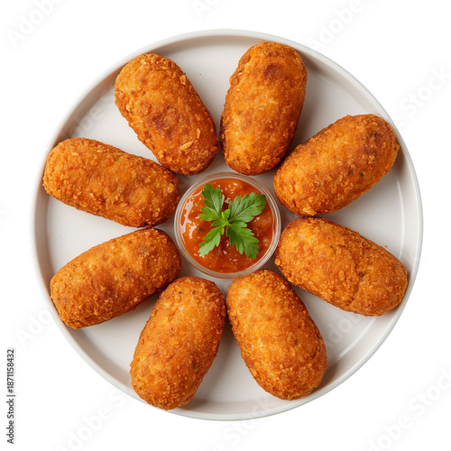 Delicious Snack Platter With Fried Food and Sauce on a White Plate