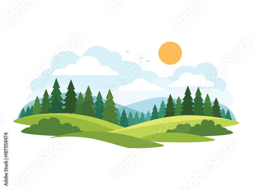 Mountain Landscape with River and Pine Forest Flat Vector Illustration