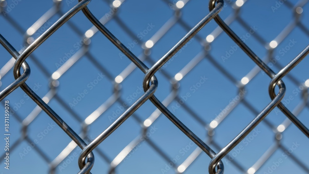 Fototapeta premium Metal Chain Link Fence Against Blue Sky.