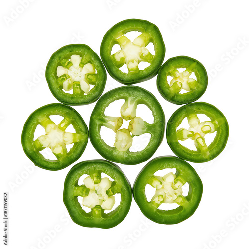 Isolated Close up of Sliced Green Jalapeno Peppers on a White Background