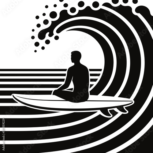 Silhouette of a surfer sitting on a surfboard in the ocean.