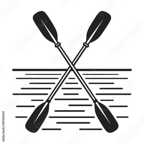 Crossed canoe paddles over water surface line art illustration.