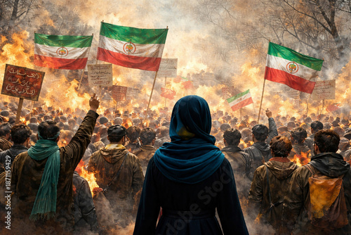 A woman at a street protest in Iran. The struggle for independence, feminism, and protest. Street unrest.