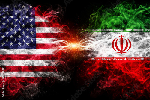Political and diplomatic relations between Iran and the United States. The American and Iranian flags on a black background, with fire and smoke between them.