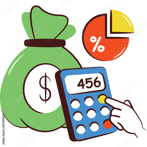 Financial Icons: Money Bag, Calculator, and Pie Chart
