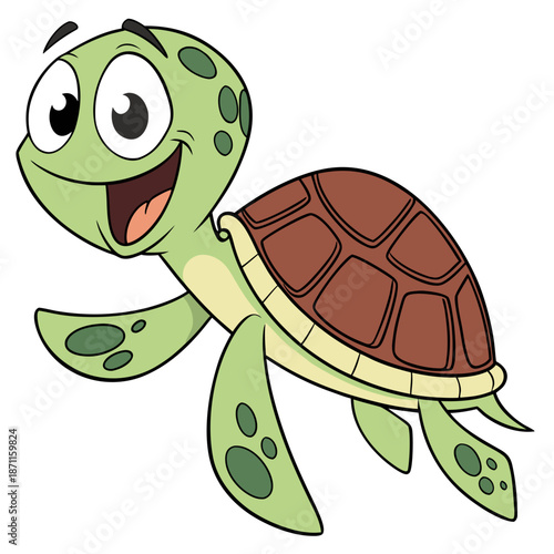 A cute, happy cartoon turtle with a big cheerful smile, sparkling eyes, and rosy cheeks. It has a green body, brown patterned shell, and little green flippers  looking very excited and friendly