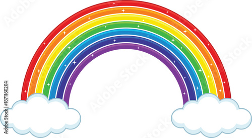 Colorful rainbow with sparkles between clouds, cute weather illustration for kids and positivity themes, flat vector illustration