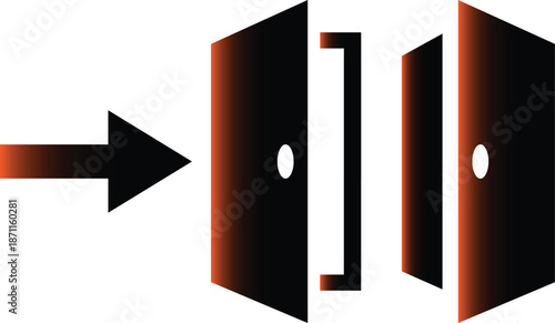 Abstract graphic featuring a luminous orange-red arrow approaching a stylized, open black doorway, evoking themes of access, passage, and conceptual thresholds, symbolizing opportunity and directions