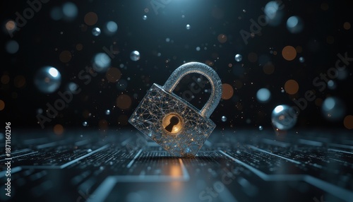 Adaptive security infrastructure concept. A digital padlock floats in a dark, abstract environment, symbolizing security and protection in the realm of technology.
