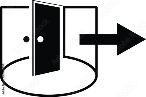 Stylized abstract vector graphic of a revolving door with a clear arrow indicating an outward direction, symbolizing concepts of exit, departure, transition, or moving forward