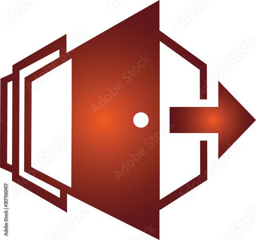A stylized red hexagonal opening with an arrow indicating forward movement, symbolizing progress, exit, or entrance into a new phase