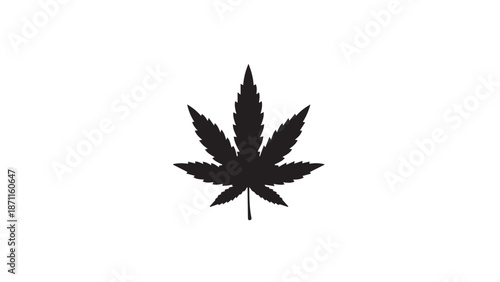Minimalist silhouette of a cannabis leaf, bold black plant icon on white background, simple and iconic.