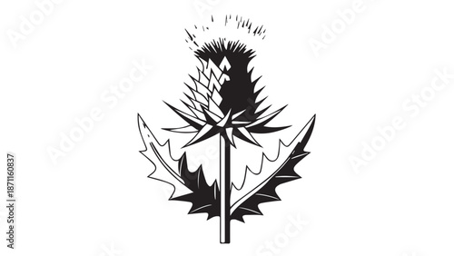 Stylized cannabis leaf emblem with sword motif in black and white illustration.