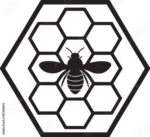 Black Bee and Honeycomb Icon on White Background hexagon insect