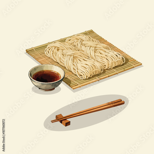 Traditional Japanese Somen Noodles with Dipping Sauce Illustration