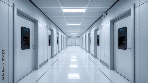 Adaptive security infrastructure concept. A sleek, modern corridor lined with doors, featuring clean lines and a high-tech aesthetic, creating an atmosphere of sophistication and order.