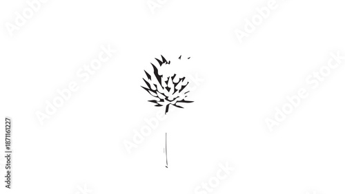 Minimalist lone tree twig with sparse leaves in white background.