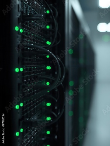 Adaptive security infrastructure concept. A close-up view of a server rack showcasing illuminated green lights, suggesting active data processing in a modern data center environment.