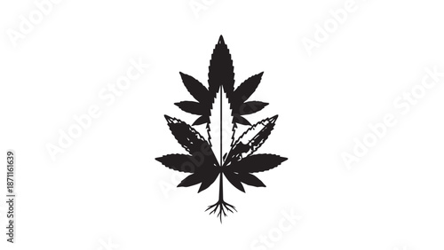 Monochrome cannabis leaf silhouette used as a bold plant emblem.