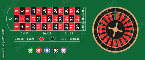 Roulette wheel with casino chips on green table. Realistic objects vector