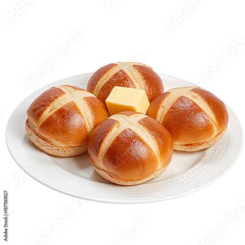 Freshly Baked Hot Cross Buns on a White Plate With a Piece of Butter on Top