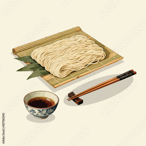 Traditional Japanese Somen Noodles with Dipping Sauce Illustration