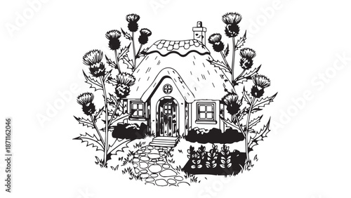 Whimsical black-and-white cottage with garden and flowering vines in a quaint rural setting.